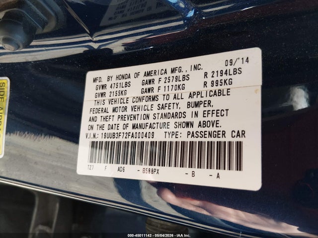 45011142 :رقم المزاد ، 19UUB3F72FA000409 vin ، 2015 Acura Tlx V6 Advance مزاد بيع