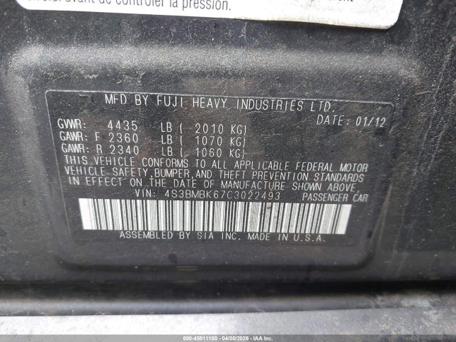 2012 Subaru Legacy 2.5i Limited მანქანა იყიდება აუქციონზე, vin: 4S3BMBK67C3022493, აუქციონის ნომერი: 45011150