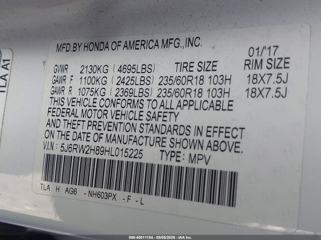 45011154 :رقم المزاد ، 5J6RW2H89HL015225 vin ، 2017 Honda Cr-v مزاد بيع