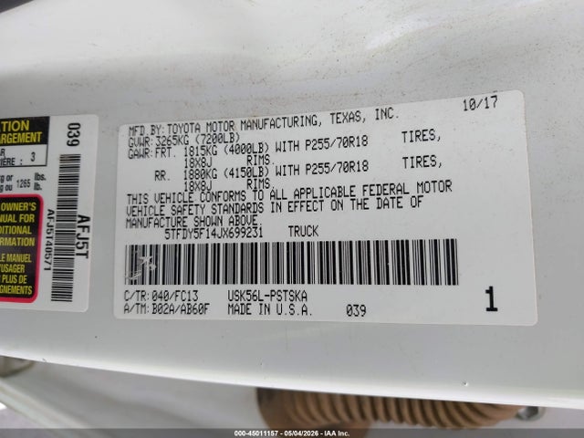 2018 Toyota Tundra Sr5 5.7l V8 მანქანა იყიდება აუქციონზე, vin: 5TFDY5F14JX699231, აუქციონის ნომერი: 45011157