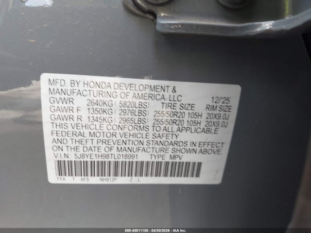 45011158 :رقم المزاد ، 5J8YE1H98TL018991 vin ، 2026 Acura Mdx A-spec Advance Package مزاد بيع