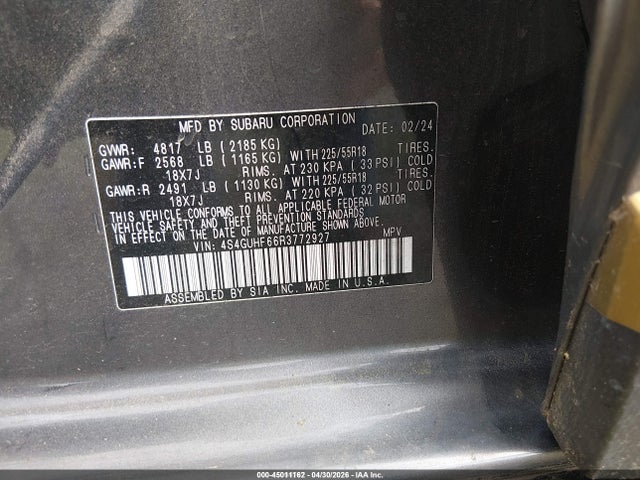 45011162 :رقم المزاد ، 4S4GUHF66R3772927 vin ، 2024 Subaru Crosstrek Sport مزاد بيع