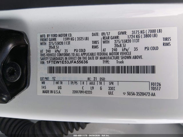Продажа на аукционе авто 2018 Ford F-150 Xlt, vin: 1FTEW1E53JFA55636, номер лота: 45011170