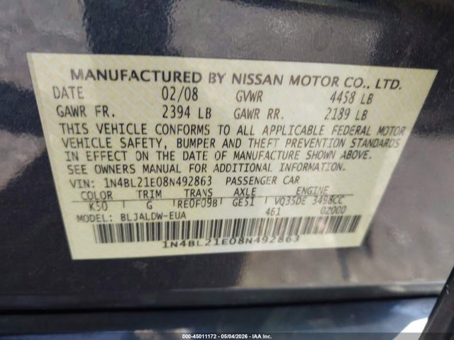 Продажа на аукционе авто 2008 Nissan Altima 3.5 Se, vin: 1N4BL21E08N492863, номер лота: 45011172
