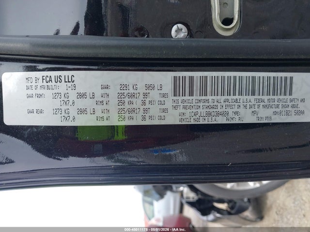 1C4PJLLB8KD384020 Jeep Cherokee Latitude Plus Fwd