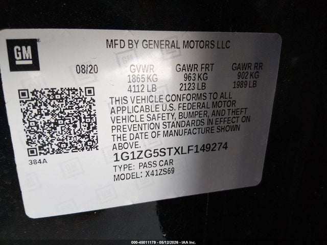 Продаж на аукціоні авто 2020 Chevrolet Malibu Fwd Rs, vin: 1G1ZG5STXLF149274, номер лоту: 45011179
