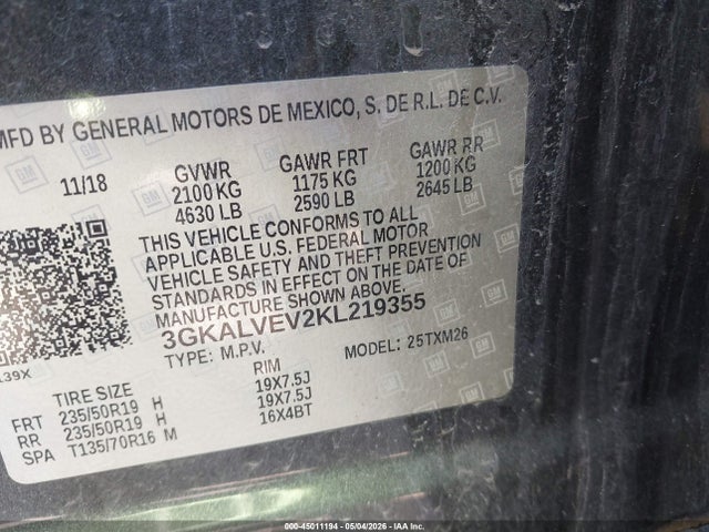 Продаж на аукціоні авто 2019 Gmc Terrain Slt, vin: 3GKALVEV2KL219355, номер лоту: 45011194
