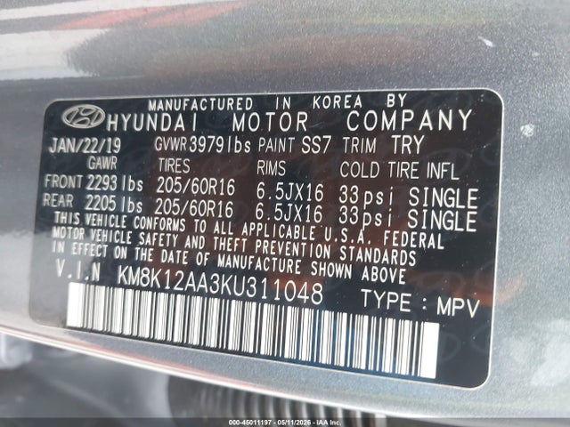 Продаж на аукціоні авто 2019 Hyundai Kona Se, vin: KM8K12AA3KU311048, номер лоту: 45011197