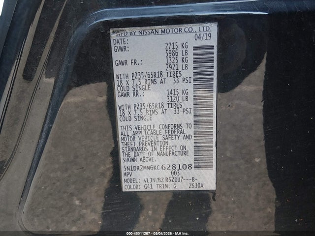 Продажа на аукционе авто 2019 Nissan Pathfinder S, vin: 5N1DR2MM6KC628108, номер лота: 45011207