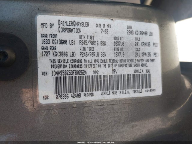 45011209 :رقم المزاد ، 1D4HS58Z53F602524 vin ، 2003 Dodge Durango Slt Plus مزاد بيع
