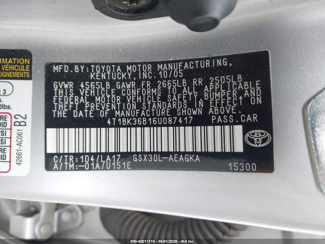 45011210 :رقم المزاد ، 4T1BK36B16U087417 vin ، 2006 Toyota Avalon Xls مزاد بيع