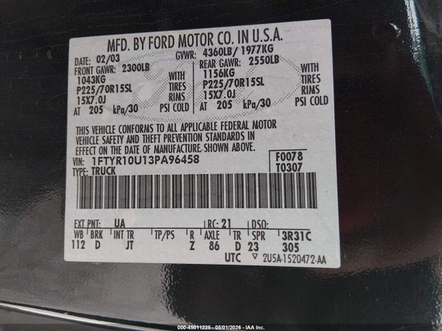 Продажа на аукционе авто 2003 Ford Ranger Edge/xl/xlt, vin: 1FTYR10U13PA96458, номер лота: 45011225