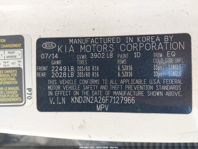 45011227 :رقم المزاد ، KNDJN2A26F7127966 vin ، 2015 Kia Soul مزاد بيع