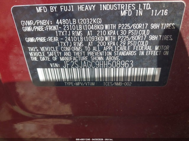 45011240 :رقم المزاد ، JF2SJAGC9HH508963 vin ، 2017 Subaru Forester 2.5i Premium مزاد بيع