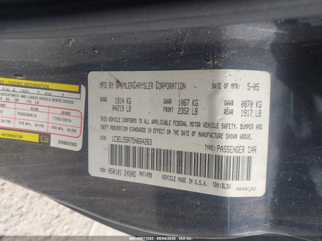 Продажа на аукционе авто 2005 Chrysler Sebring Touring, vin: 1C3EL55R75N664263, номер лота: 45011242