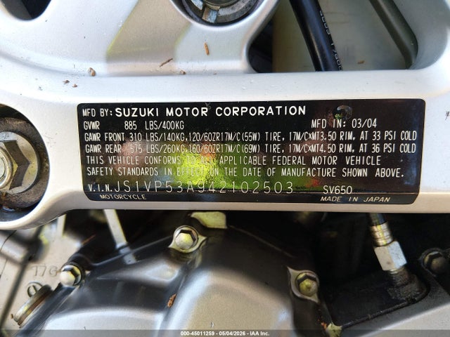 Aukcja sprzedaży 2004 Suzuki Sv650, vin: JS1VP53A942102503, numer aukcji: 45011259