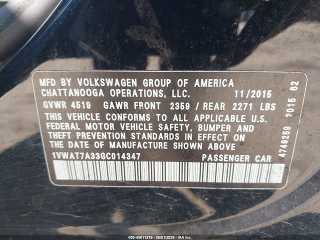 2016 Volkswagen Passat 1.8t S მანქანა იყიდება აუქციონზე, vin: 1VWAT7A33GC014347, აუქციონის ნომერი: 45011275