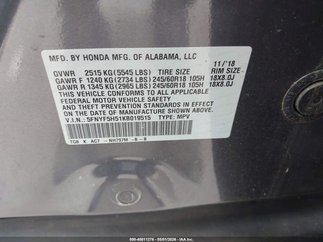 Aukcja sprzedaży 2019 Honda Pilot Ex-l, vin: 5FNYF5H51KB019515, numer aukcji: 45011276