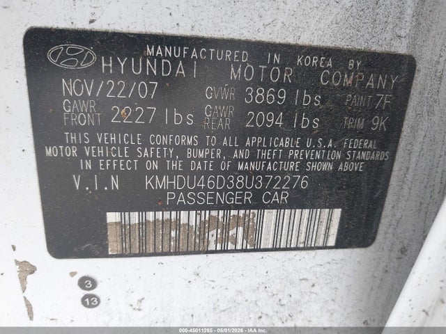Продажа на аукционе авто 2008 Hyundai Elantra Gls/se, vin: KMHDU46D38U372276, номер лота: 45011285