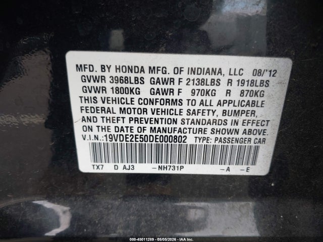 Aukcja sprzedaży 2013 Acura Ilx 2.4l, vin: 19VDE2E50DE000802, numer aukcji: 45011289