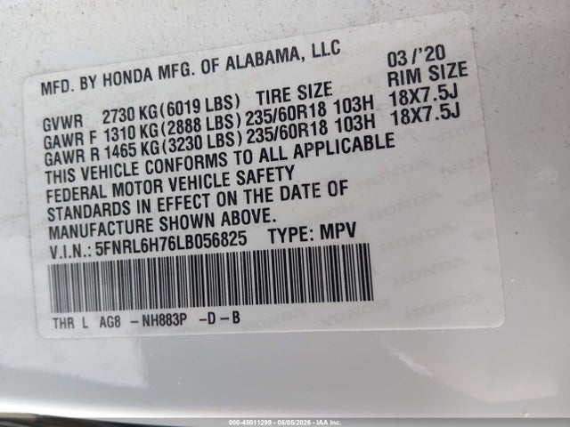 5FNRL6H76LB056825 Honda Odyssey Ex-l/ex-l W/navi Res
