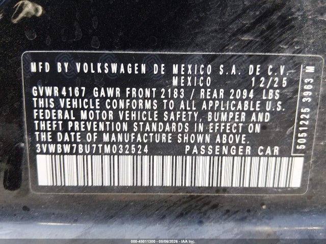 Продаж на аукціоні авто 2026 Volkswagen Jetta Sport, vin: 3VWBW7BU7TM032524, номер лоту: 45011300
