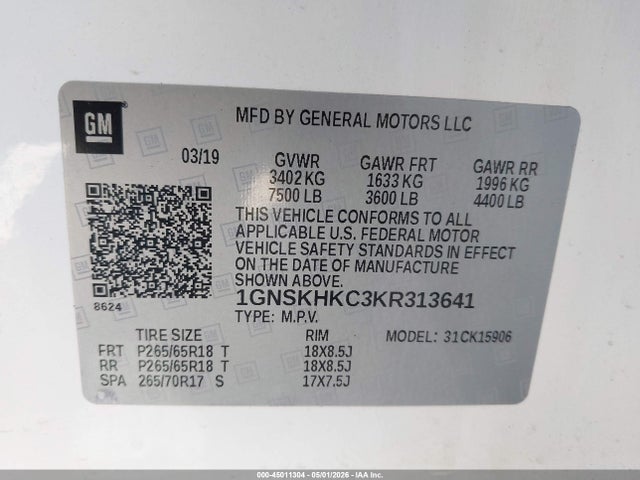 Aukcja sprzedaży 2019 Chevrolet Suburban Lt, vin: 1GNSKHKC3KR313641, numer aukcji: 45011304