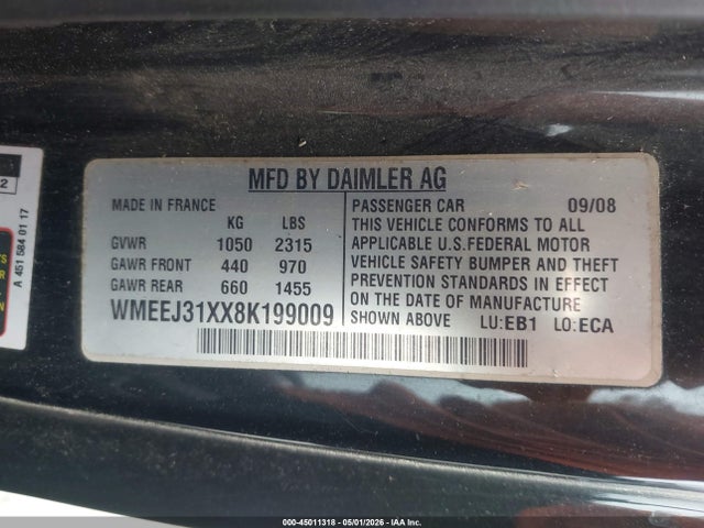 2008 Smart Fortwo Passion/pure მანქანა იყიდება აუქციონზე, vin: WMEEJ31XX8K199009, აუქციონის ნომერი: 45011318
