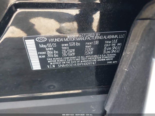 45011323 :رقم المزاد ، 5NMS3DA18PH009747 vin ، 2023 Hyundai Santa Fe Hybrid Sel Premium مزاد بيع
