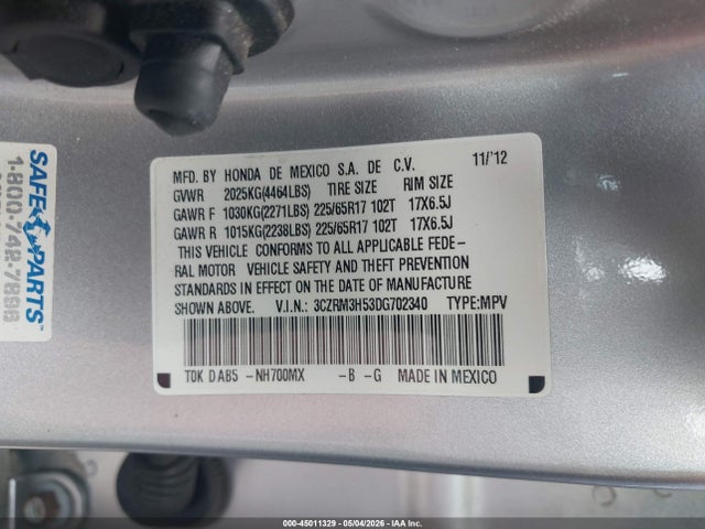 2013 Honda Cr-v Ex მანქანა იყიდება აუქციონზე, vin: 3CZRM3H53DG702340, აუქციონის ნომერი: 45011329