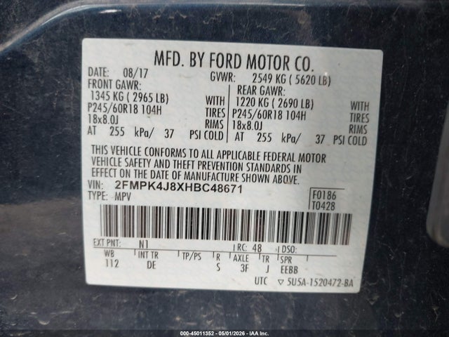 Продаж на аукціоні авто 2017 Ford Edge Sel, vin: 2FMPK4J8XHBC48671, номер лоту: 45011352