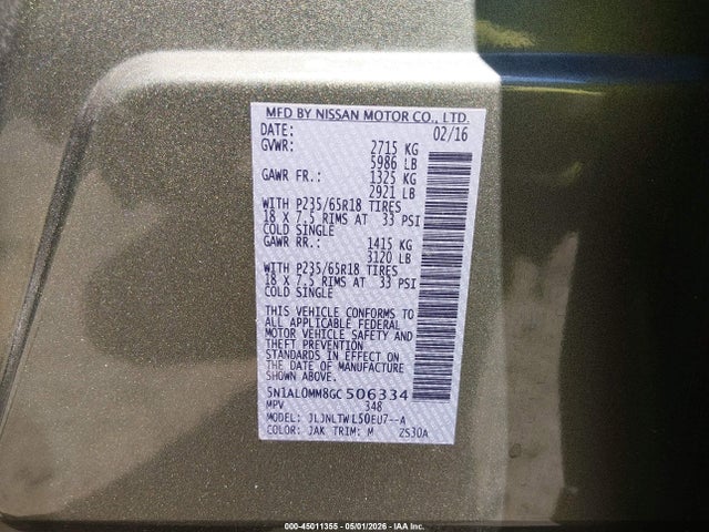 2016 Infiniti Qx60 მანქანა იყიდება აუქციონზე, vin: 5N1AL0MM8GC506334, აუქციონის ნომერი: 45011355