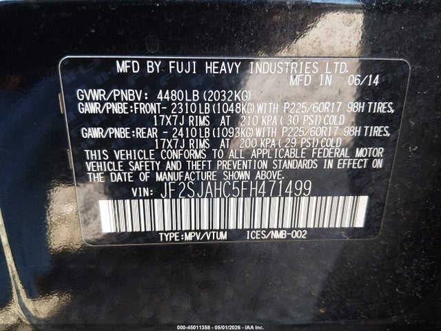 2015 Subaru Forester 2.5i Limited მანქანა იყიდება აუქციონზე, vin: JF2SJAHC5FH471499, აუქციონის ნომერი: 45011358