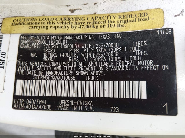 2010 Toyota Tundra Grade 4.6l V8 მანქანა იყიდება აუქციონზე, vin: 5TFRM5F1XAX010066, აუქციონის ნომერი: 45011359