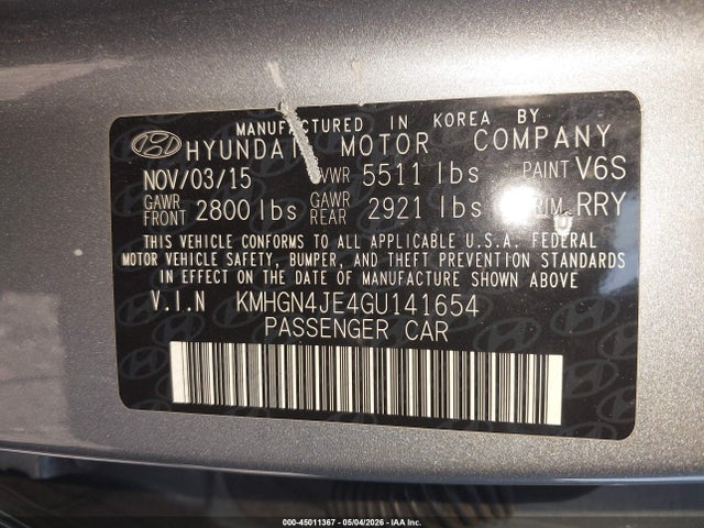 Продажа на аукционе авто 2016 Hyundai Genesis 3.8, vin: KMHGN4JE4GU141654, номер лота: 45011367