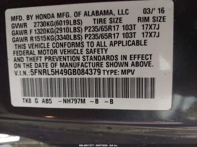 Продаж на аукціоні авто 2016 Honda Odyssey Ex, vin: 5FNRL5H49GB084379, номер лоту: 45011377