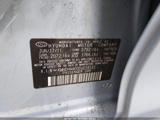 45011379 :رقم المزاد ، KMHDH4AE0CU218122 vin ، 2012 Hyundai Elantra Gls (ulsan Plant) مزاد بيع