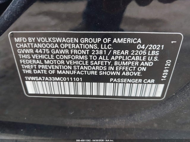 Aukcja sprzedaży 2021 Volkswagen Passat 2.0t Se, vin: 1VWSA7A33MC011101, numer aukcji: 45011382