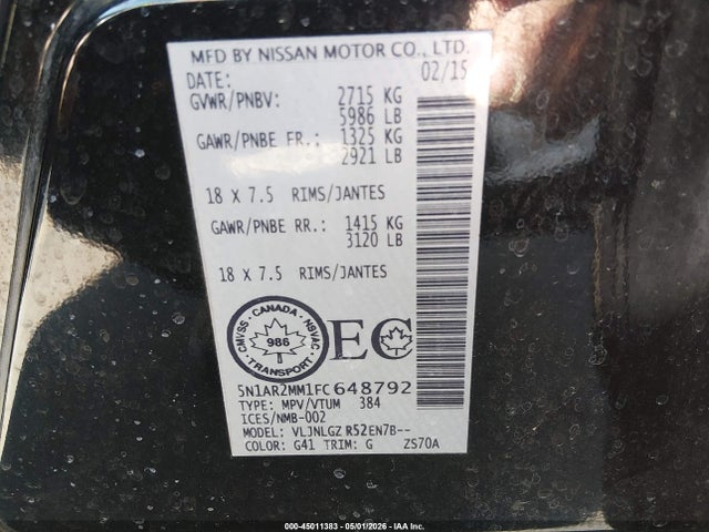 5N1AR2MM1FC648792 Nissan Pathfinder Platinum/s/sl/sv