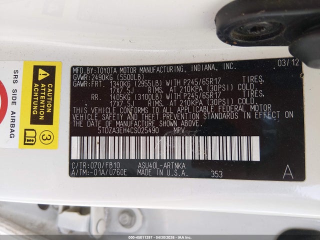 Aukcja sprzedaży 2012 Toyota Highlander, vin: 5TDZA3EH4CS025490, numer aukcji: 45011397