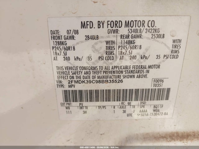 Продажа на аукционе авто 2008 Ford Edge Limited, vin: 2FMDK39C98BB35526, номер лота: 45011406
