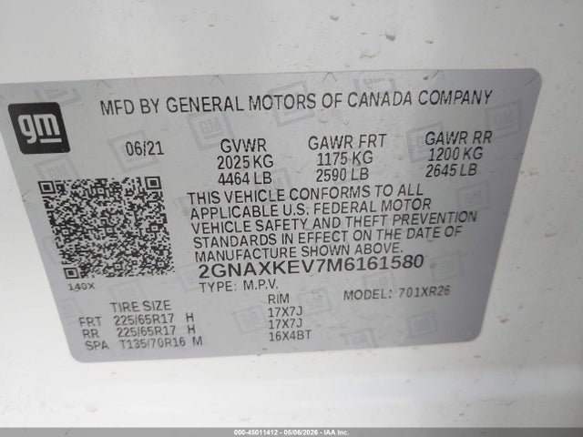 Продаж на аукціоні авто 2021 Chevrolet Equinox Fwd Lt, vin: 2GNAXKEV7M6161580, номер лоту: 45011412
