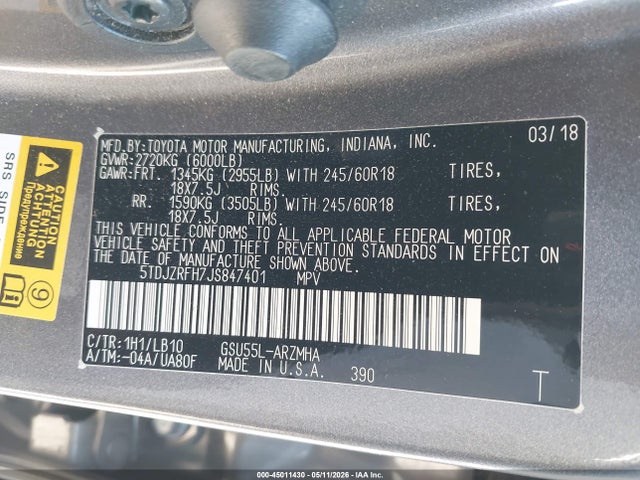 Продажа на аукционе авто 2018 Toyota Highlander Xle, vin: 5TDJZRFH7JS847401, номер лота: 45011430
