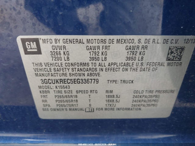 3GCUKREC5EG336779 Chevrolet Silverado 1500 1lt