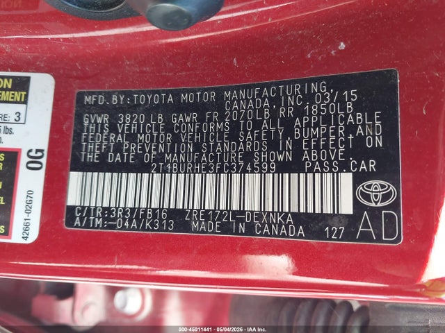 45011441 :رقم المزاد ، 2T1BURHE3FC374599 vin ، 2015 Toyota Corolla Le مزاد بيع