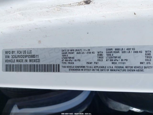 Продажа на аукционе авто 2023 Ram Promaster 2500 High Roof 159 Wb, vin: 3C6LRVDG9PE598511, номер лота: 45011443