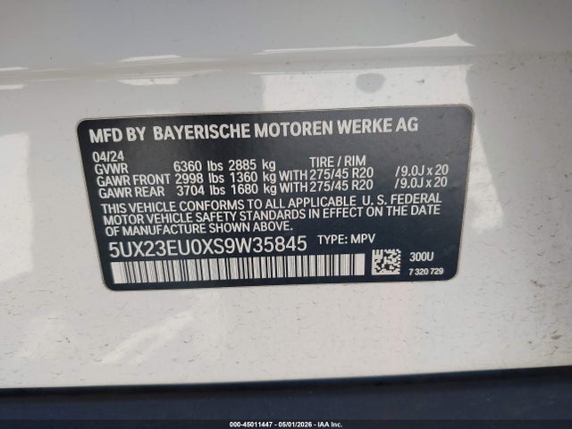 2025 Bmw X5 Xdrive40i მანქანა იყიდება აუქციონზე, vin: 5UX23EU0XS9W35845, აუქციონის ნომერი: 45011447