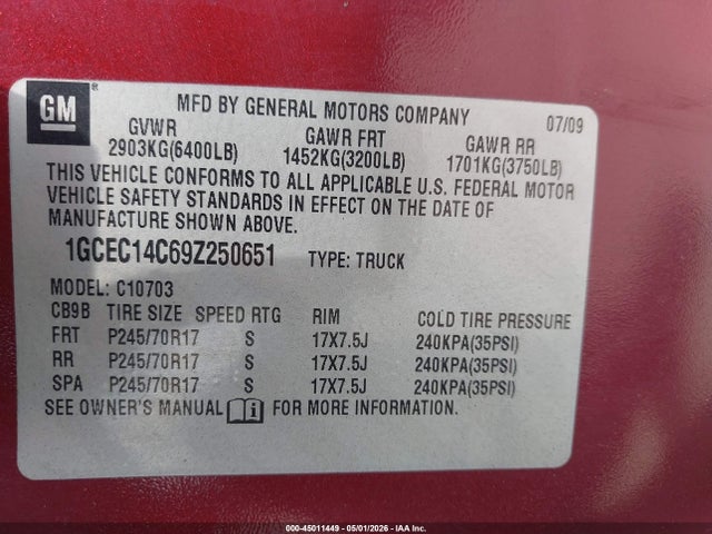 45011449 :رقم المزاد ، 1GCEC14C69Z250651 vin ، 2009 Chevrolet Silverado 1500 Work Truck مزاد بيع