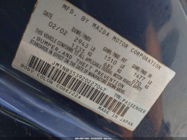 45011463 :رقم المزاد ، JM1NB353920227047 vin ، 2002 Mazda Mx-5 Miata Cloth/ls/se مزاد بيع