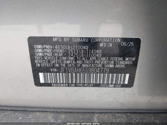 45011468 :رقم المزاد ، JF1VBAH65S9804779 vin ، 2025 Subaru Wrx Premium مزاد بيع